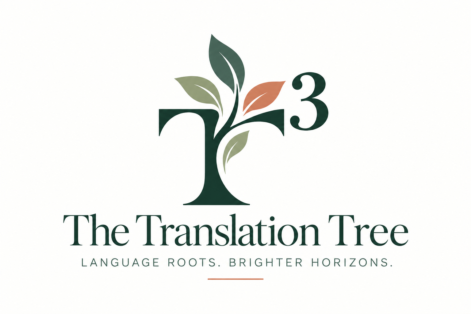 The Translation Tree — a T monogram growing sage and terracotta leaves